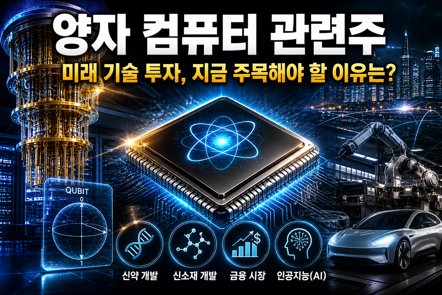 푸른 네온빛의 양자 컴퓨터 칩이 중앙에 떠 있고, 좌측에는 양자컴퓨터 냉각 시스템, 우측에는 AI 로봇 팔과 미래형 전기차가 배치된 미래 기술 콘셉트의 썸네일 이미지. 상단에는 ‘양자 컴퓨터 관련주’와 ‘미래 기술 투자, 지금 주목해야 할 이유는?’ 문구가 강조되어 있으며, 신약 개발·신소재·금융·인공지능 아이콘이 함께 표현된 금융 뉴스 스타일의 일러스트.
