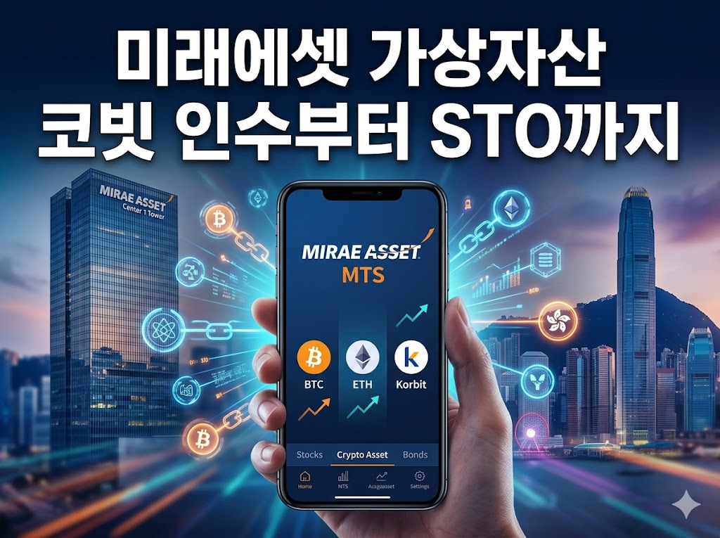 미래에셋 가상자산 MTS 앱 화면과 코빗 로고가 스마트폰에 표시된 블록체인 디지털 금융 썸네일 이미지