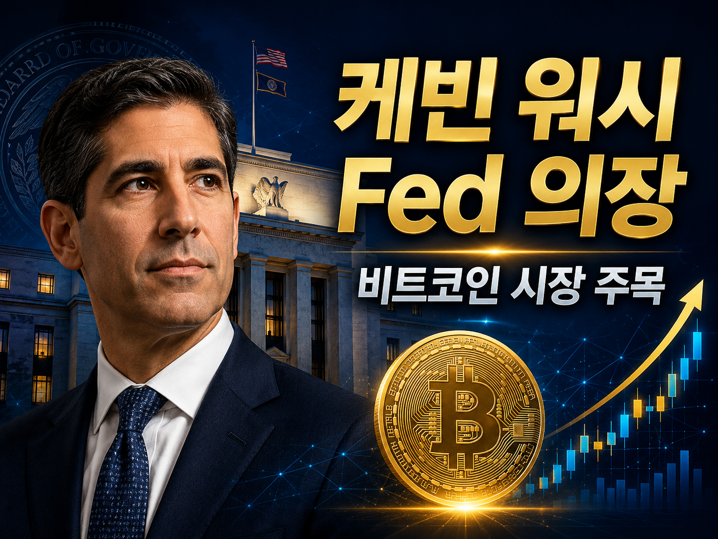 케빈 워시 Fed 의장 취임과 비트코인 시장 기대감을 표현한 암호화폐 뉴스 썸네일 이미지