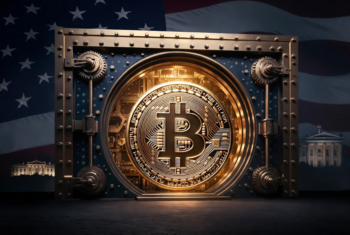 트럼프 행정부 전략적 비트코인 리저브(SBR) 2026, 미국 정부가 BTC를 국가 전략 자산으로 영구 보관하는 금고를 상징하는 이미지