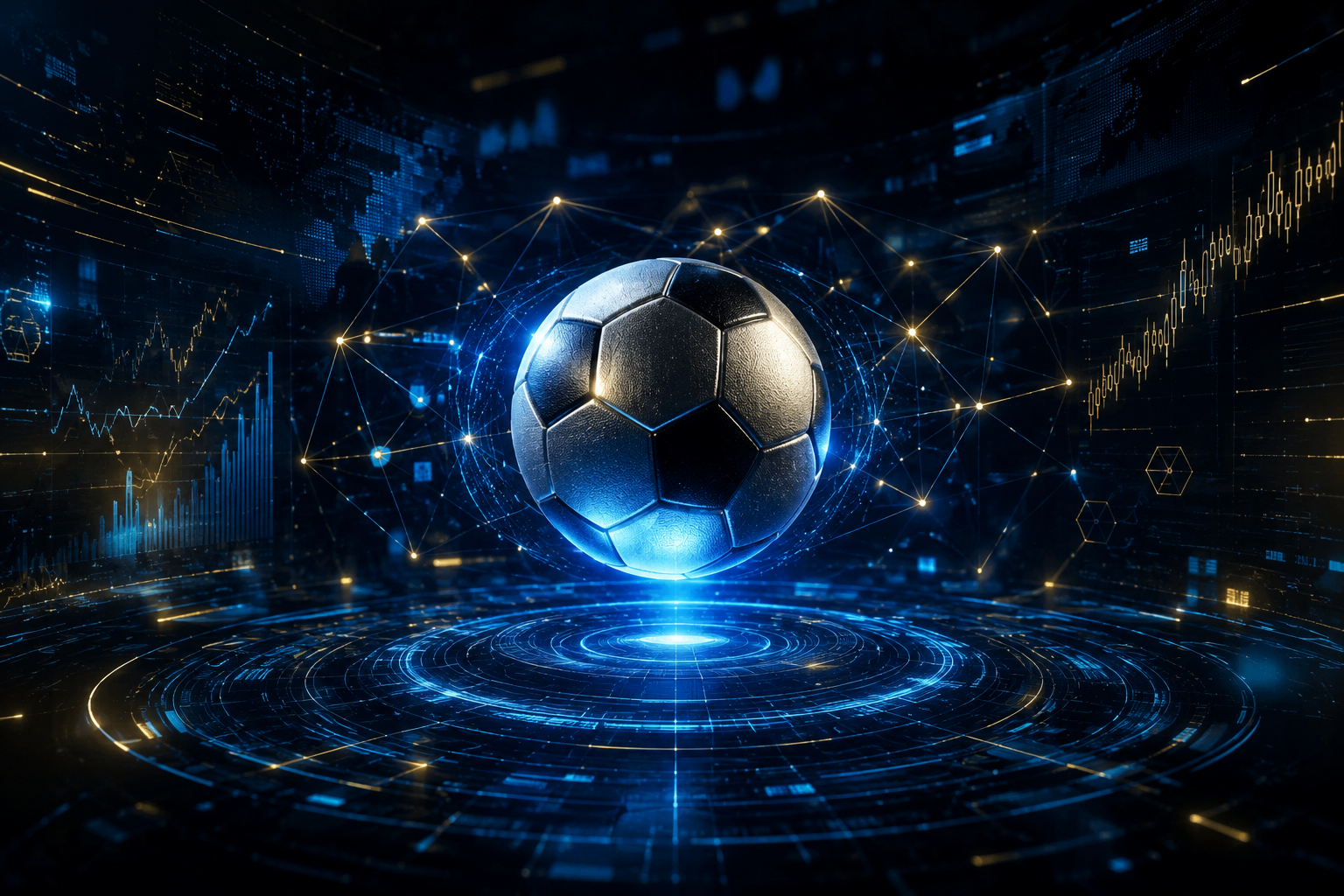 크라켄 FIFA 월드컵 2026 크립토 스폰서십 — 블록체인 네트워크와 축구공 디지털 합성 이미지