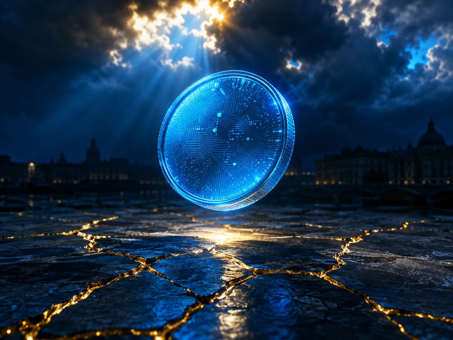 XRP 디지털 코인과 유럽 규제 환경을 상징하는 드라마틱한 금융 일러스트