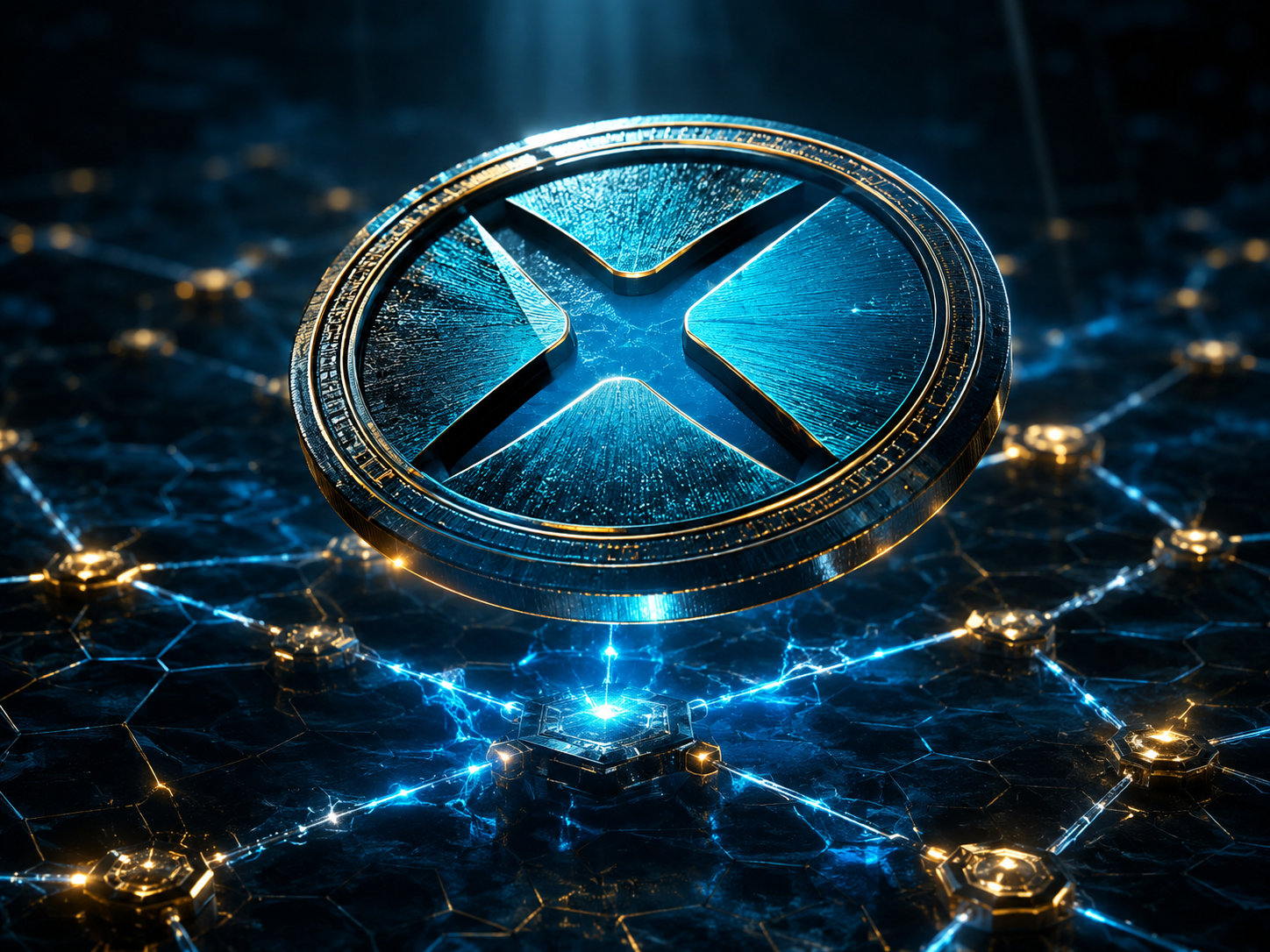 XRP 레저 블록체인 네트워크 노드 연결 구조를 상징하는 디지털 허브