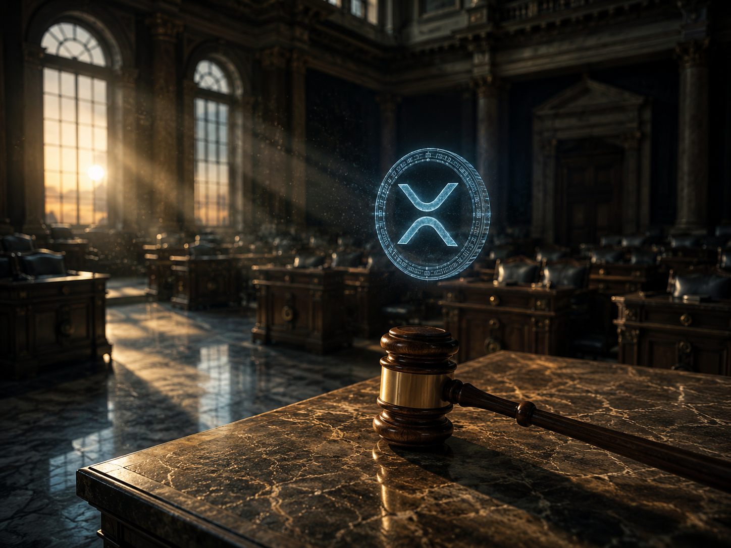 빈 회의실 탁자 위에 놓인 법봉과 홀로그램 형태로 떠 있는 XRP 코인 이미지, 클래리티법 통과 불확실성을 상징하는 편집 이미지