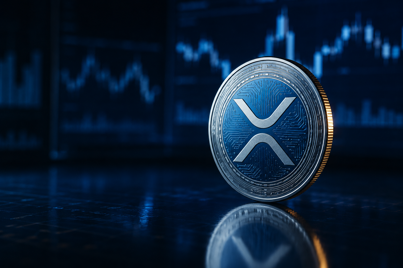 XRP 기관 투자를 상징하는 추상적인 은빛 코인과 금융 차트 배경 이미지