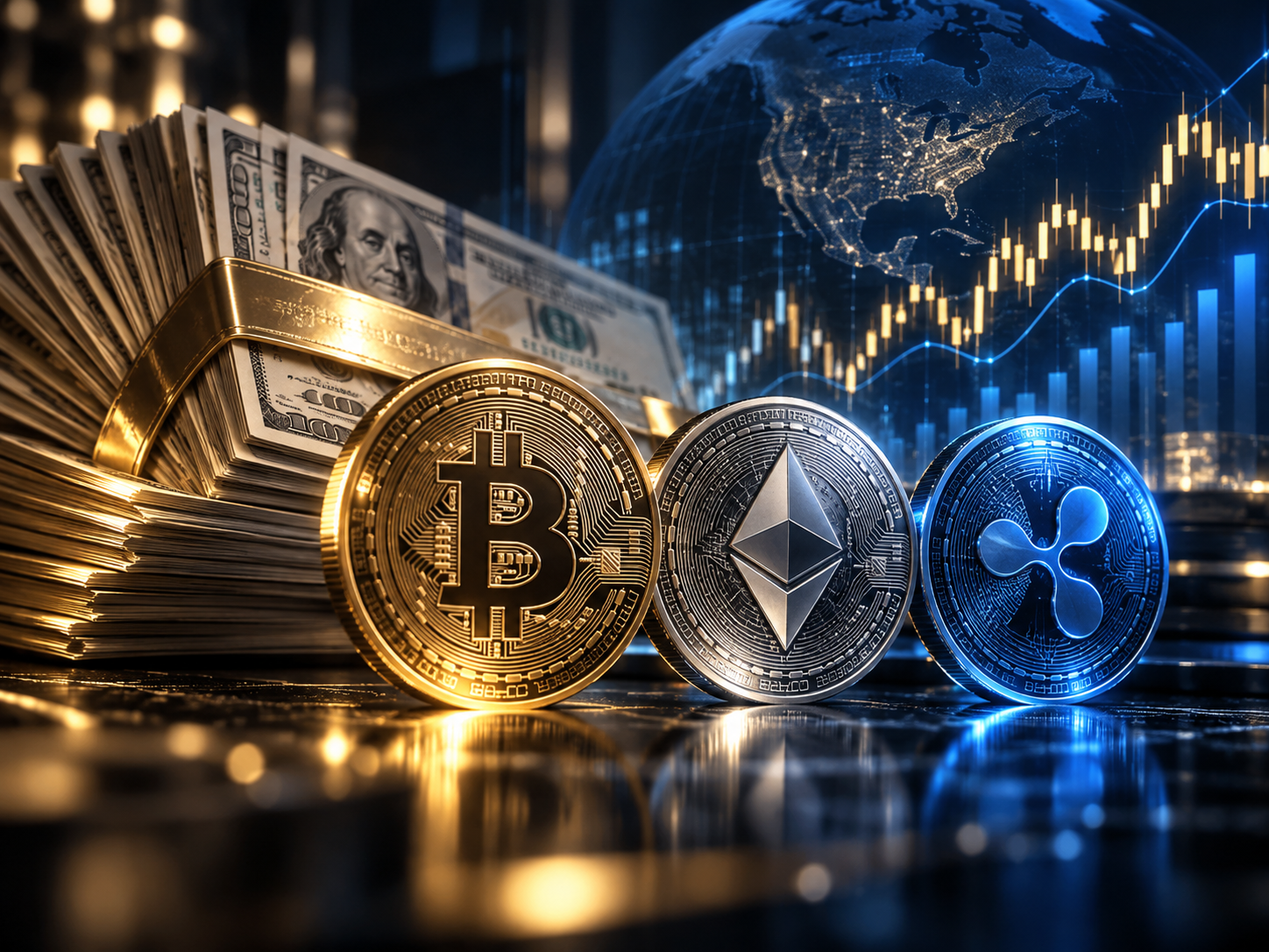 달러 현금 다발과 비트코인, 이더리움, XRP 코인이 함께 놓여 있고 뒤로 상승 차트와 디지털 지구본이 보이는 금융 뉴스 스타일 대표 이미지 제목