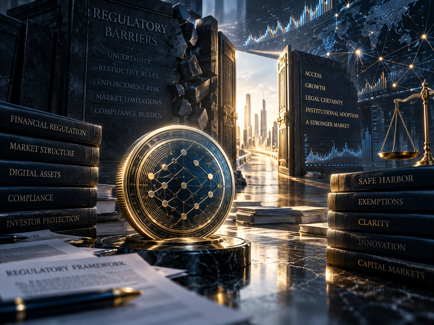 미국 SEC 암호화폐 규제 변화와 XRP 시장을 상징하는 이미지
