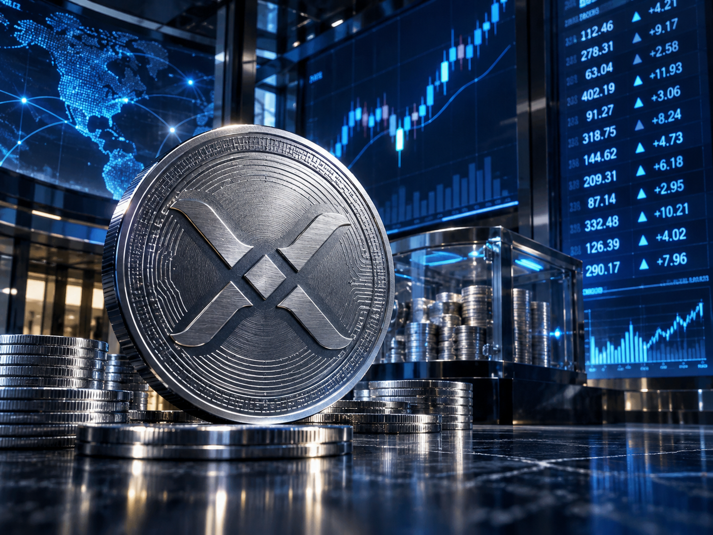 XRPN 나스닥 상장을 앞둔 에버노스의 XRP 보유 전략을 상징하는 은색 디지털 코인과 금융시장 차트