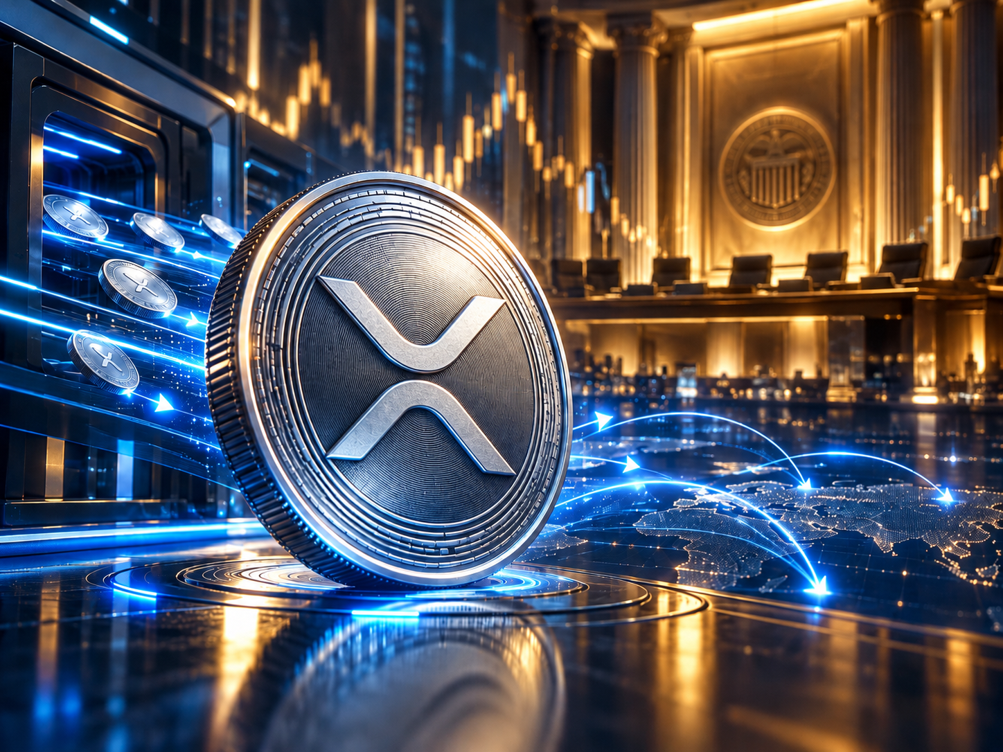 Silver XRP coin with glowing blue exchange withdrawal flows and a gold-lit financial institution in the background