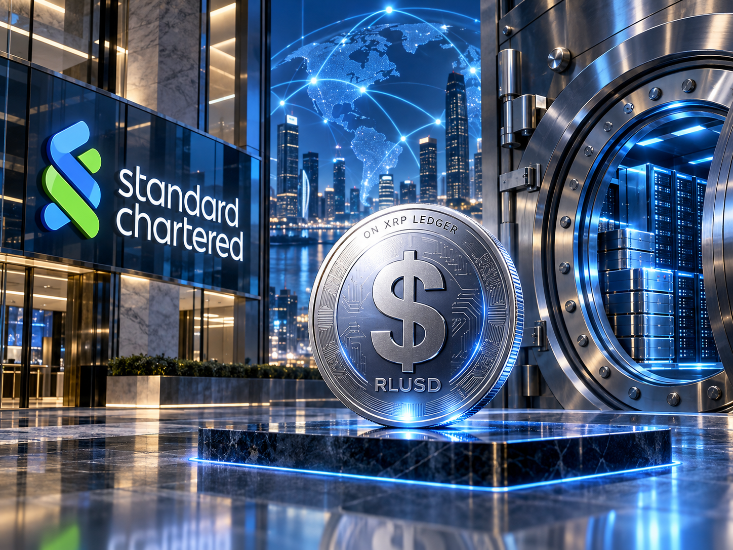 스탠다드차타드 은행의 XRP Ledger 기반 RLUSD 수탁 서비스 개시를 표현한 디지털 은행 금고 이미지
